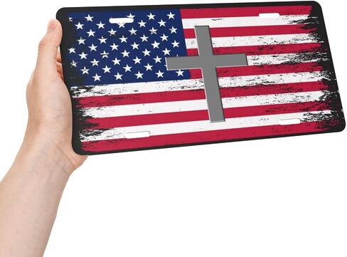 American Flag Jesus Cross Front License Plate USA Flag Christian Personalise License Plate Cover Aluminium Metal Car Plates Novelty Vanity Tag Decorative for Standard Us Canada 12x6 Inch in Saudi Arabia