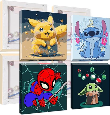 UMOART Framed Paint by Numbers for Kids - 4Packs Cartoon Paint by Numbers for Kids Adults, Paint by Number Kits on Canvas, DIY Oil Painting Acrylic Kits for Home Decor 8x8in in Kuwait