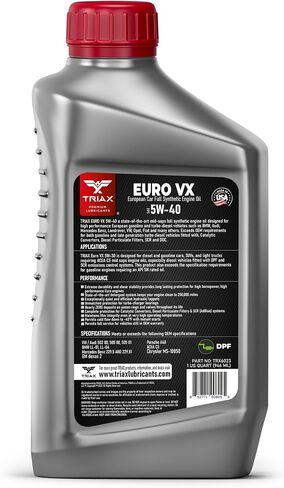 TRIAX Euro VX 5W-40 Full Synthetic, 25K Miles, Extreme Performance OEM Grade, Compatible with ACEA C3, A3/B4, VW502.00, BMW LL-04, MB 229.51, 229.5, Porsche A30 (1 Quart) in Saudi Arabia