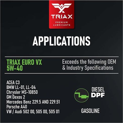 TRIAX Euro VX 5W-40 Full Synthetic, 25K Miles, Extreme Performance OEM Grade, Compatible with ACEA C3, A3/B4, VW502.00, BMW LL-04, MB 229.51, 229.5, Porsche A30 (1 Quart) in Saudi Arabia