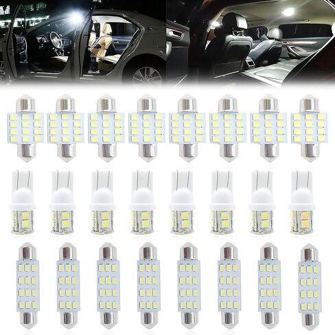 مجموعة مصابيح سيارة LED 24 قطعة، مصابيح إضاءة داخلية للسيارة T10، ضوء قراءة مزدوج مدبب، ضوء قبة، مناسب للأضواء الداخلية للسيارة، أضواء قبة الخريطة الداخلية، أضواء الترخيص، أضواء صندوق السيارة (أبيض) in Saudi Arabia