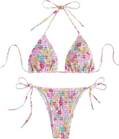 Women's 2 Piece Floral Bikini Sets Smocked Halter Triangle Bikini Drawstring Tie Side Sexy Cute Swimsuits in Saudi Arabia