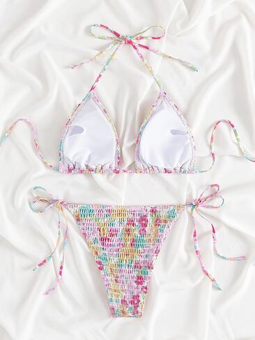 Women's 2 Piece Floral Bikini Sets Smocked Halter Triangle Bikini Drawstring Tie Side Sexy Cute Swimsuits in Saudi Arabia