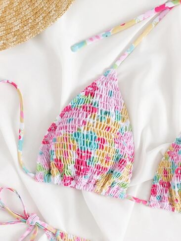 Women's 2 Piece Floral Bikini Sets Smocked Halter Triangle Bikini Drawstring Tie Side Sexy Cute Swimsuits in Saudi Arabia