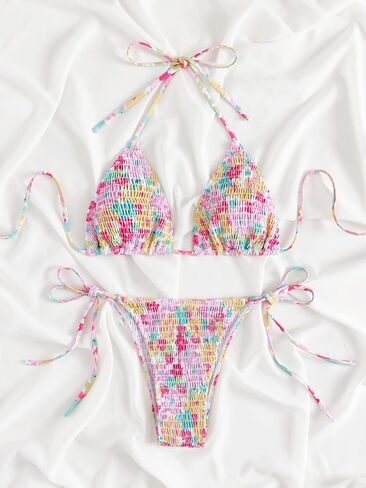 Women's 2 Piece Floral Bikini Sets Smocked Halter Triangle Bikini Drawstring Tie Side Sexy Cute Swimsuits in Saudi Arabia