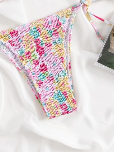 Women's 2 Piece Floral Bikini Sets Smocked Halter Triangle Bikini Drawstring Tie Side Sexy Cute Swimsuits in Saudi Arabia