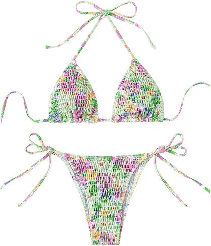 Women's 2 Piece Floral Bikini Sets Smocked Halter Triangle Bikini Drawstring Tie Side Sexy Cute Swimsuits in Saudi Arabia