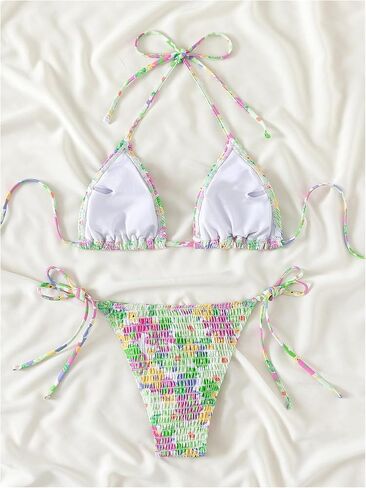 Women's 2 Piece Floral Bikini Sets Smocked Halter Triangle Bikini Drawstring Tie Side Sexy Cute Swimsuits in Saudi Arabia