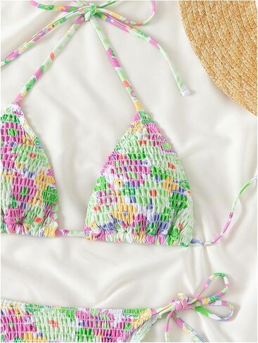 Women's 2 Piece Floral Bikini Sets Smocked Halter Triangle Bikini Drawstring Tie Side Sexy Cute Swimsuits in Saudi Arabia