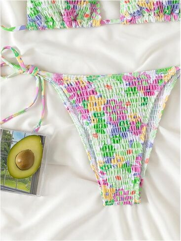 Women's 2 Piece Floral Bikini Sets Smocked Halter Triangle Bikini Drawstring Tie Side Sexy Cute Swimsuits in Saudi Arabia