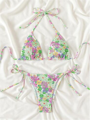 Women's 2 Piece Floral Bikini Sets Smocked Halter Triangle Bikini Drawstring Tie Side Sexy Cute Swimsuits in Saudi Arabia