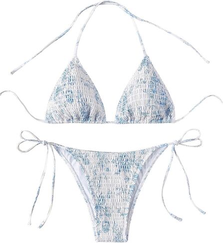 Women's 2 Piece Floral Bikini Sets Smocked Halter Triangle Bikini Drawstring Tie Side Sexy Cute Swimsuits in Saudi Arabia