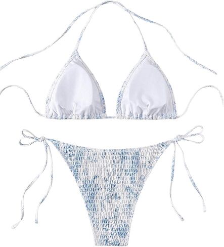 Women's 2 Piece Floral Bikini Sets Smocked Halter Triangle Bikini Drawstring Tie Side Sexy Cute Swimsuits in Saudi Arabia
