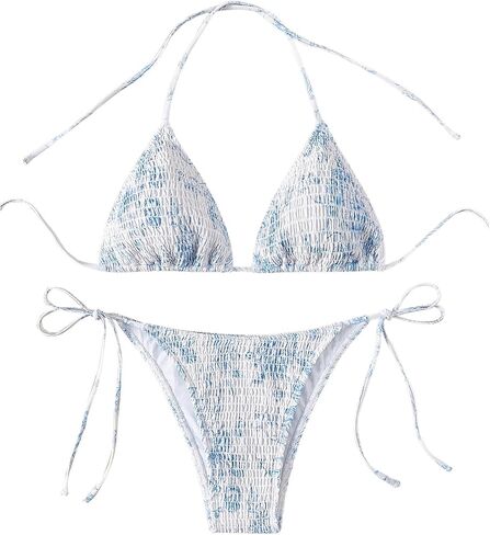 Women's 2 Piece Floral Bikini Sets Smocked Halter Triangle Bikini Drawstring Tie Side Sexy Cute Swimsuits in Saudi Arabia