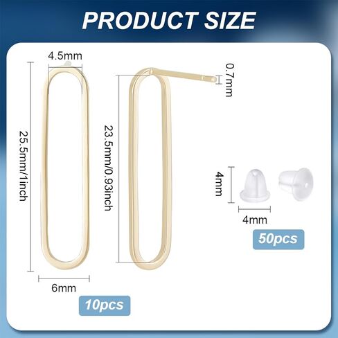 BENECREAT 10Pcs Real 18K Gold Plated Brass Stud Earring Findings, 25.5mm/1 Inch Oval Rack Stud Earring with 925 Sterling Silver Pins 50Pcs Plastic Ear Nuts, Simple Earrings Post for Jewelry Making in Saudi Arabia