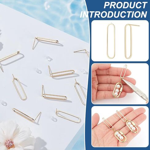 BENECREAT 10Pcs Real 18K Gold Plated Brass Stud Earring Findings, 25.5mm/1 Inch Oval Rack Stud Earring with 925 Sterling Silver Pins 50Pcs Plastic Ear Nuts, Simple Earrings Post for Jewelry Making in Saudi Arabia