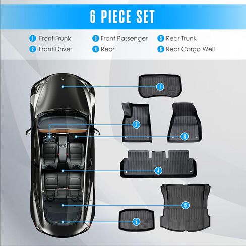 Houseables Tesla Model 3 Floor Mats, All Weather Liners, 6 Piece Set, TPE Mat for Front, Rear, Frunk, Trunk, Cargo Well, Fits 2023, 2022, 2021, Late 2020, All-Weather Covers, Interior Accessories in Saudi Arabia