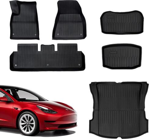 Houseables Tesla Model 3 Floor Mats, All Weather Liners, 6 Piece Set, TPE Mat for Front, Rear, Frunk, Trunk, Cargo Well, Fits 2023, 2022, 2021, Late 2020, All-Weather Covers, Interior Accessories in Saudi Arabia