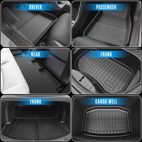 Houseables Tesla Model 3 Floor Mats, All Weather Liners, 6 Piece Set, TPE Mat for Front, Rear, Frunk, Trunk, Cargo Well, Fits 2023, 2022, 2021, Late 2020, All-Weather Covers, Interior Accessories in Saudi Arabia