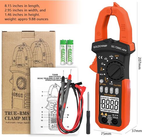 Digital Clamp Meter with APP Bluetooth, 4nF~40mF Capacitance Meter, 400uA/4000uA DC Current, True RMS AC Clamp Meter, 400Ω~40MΩ Resistance Meter, NCV Function and Continuity Buzzer-GC-7200CAPP in Saudi Arabia