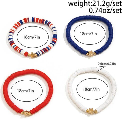 Holiday Surfer Clay Beads Stretch Bracelets Set 4th of July Independence Day Stackable Bracelets Patriotic Red White Blue America Flag Charms Jewelry in Saudi Arabia
