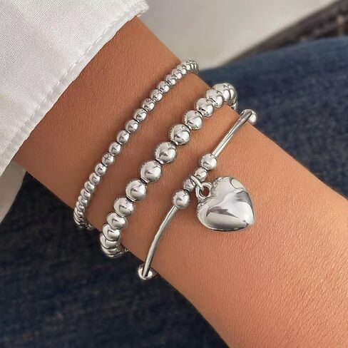 Gold Silver Plated Beaded Bracelets Classic Layered Stackable Stretch Bracelet Set Adjustable Boho Ball Beads Bracelet for Women Girls Jewelry Gift in Saudi Arabia