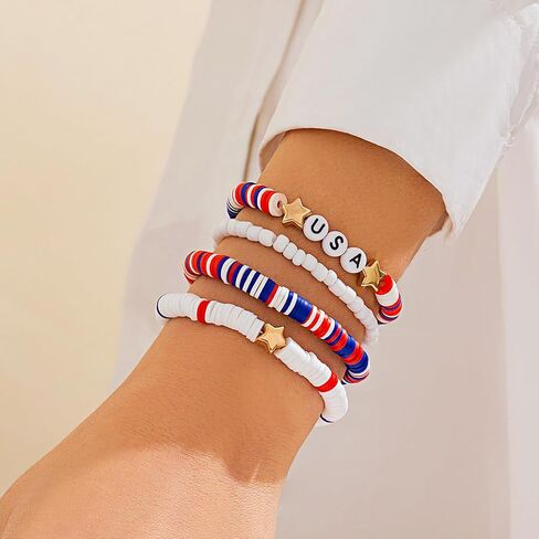 Holiday Surfer Clay Beads Stretch Bracelets Set 4th of July Independence Day Stackable Bracelets Patriotic Red White Blue America Flag Charms Jewelry in Saudi Arabia