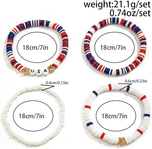 Holiday Surfer Clay Beads Stretch Bracelets Set 4th of July Independence Day Stackable Bracelets Patriotic Red White Blue America Flag Charms Jewelry in Saudi Arabia