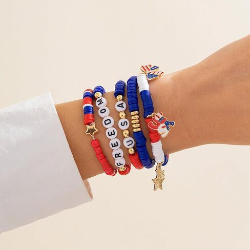 Holiday Surfer Clay Beads Stretch Bracelets Set 4th of July Independence Day Stackable Bracelets Patriotic Red White Blue America Flag Charms Jewelry in Saudi Arabia