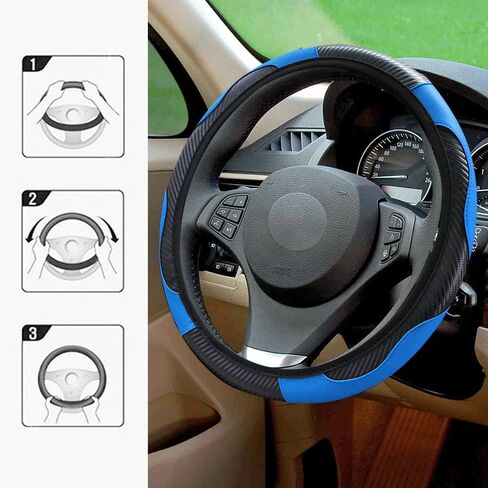 VAGURFO Car Steering Wheel Cover,15 inch PU Leather Elastic Carbon Fiber Pattern Stitching Color Anti-Slip Steering Wheel Protector,Safety, Soft, Breathable, Easy to Install (Black&Blue) in Saudi Arabia
