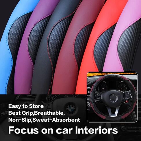 VAGURFO Car Steering Wheel Cover,15 inch PU Leather Elastic Carbon Fiber Pattern Stitching Color Anti-Slip Steering Wheel Protector,Safety, Soft, Breathable, Easy to Install (Black&Blue) in Saudi Arabia