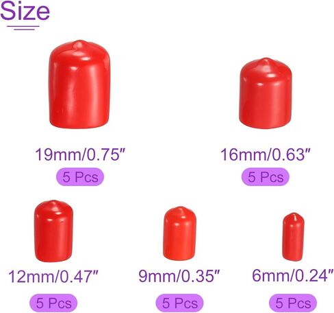 DMiotech 25 Pack 1/4" 3/8" 1/2" 5/8" 3/4" ID Red Screw Thread Protectors Rubber End Caps Bolt Covers for Screw Bolt Furniture Pipe in Saudi Arabia