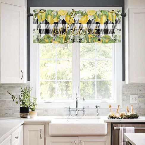Lemon Valance Curtain for Kitchen Windows Welcome Summer Fresh Lemon Leaf Daisy Black Buffalo Check Plaid Elegant Bathroom Window Curtain Valance Rod Pocket for Bedroom Living Room, 1 Panel in Saudi Arabia