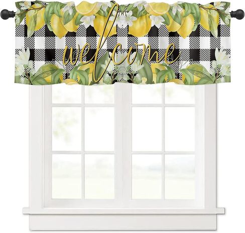 Lemon Valance Curtain for Kitchen Windows Welcome Summer Fresh Lemon Leaf Daisy Black Buffalo Check Plaid Elegant Bathroom Window Curtain Valance Rod Pocket for Bedroom Living Room, 1 Panel in Saudi Arabia