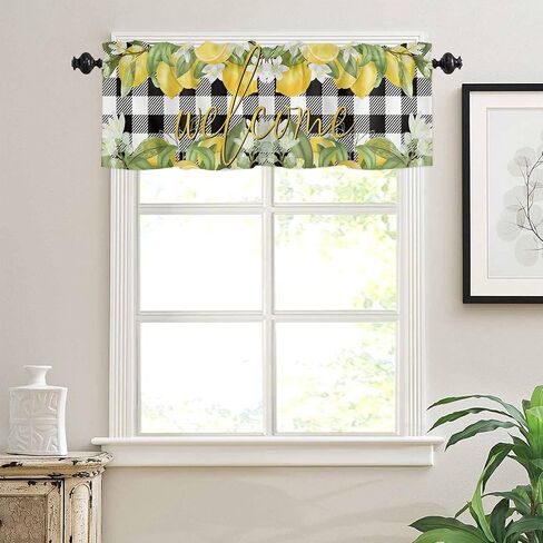 Lemon Valance Curtain for Kitchen Windows Welcome Summer Fresh Lemon Leaf Daisy Black Buffalo Check Plaid Elegant Bathroom Window Curtain Valance Rod Pocket for Bedroom Living Room, 1 Panel in Saudi Arabia