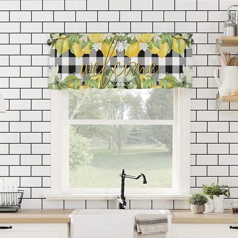 Lemon Valance Curtain for Kitchen Windows Welcome Summer Fresh Lemon Leaf Daisy Black Buffalo Check Plaid Elegant Bathroom Window Curtain Valance Rod Pocket for Bedroom Living Room, 1 Panel in Saudi Arabia