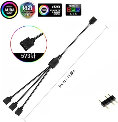 ARGB Splitter Cable，1 to 3, 3-Pin Extension Cable, Allowing F The Connection of Its Addressable ARGB LED Or ARGB Fan Through A Single Motherboard+5V 3-Pin ARGB Connector, 30CM/11.8IN 2Pcs in Saudi Arabia