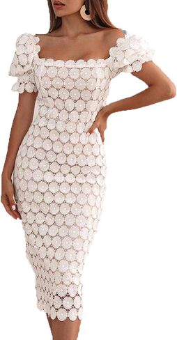 Elegant Lace Commuter Mid Waist Slim Dress Temperament Crochet Medium Long Cocktail Prom Evening Gowns in Kuwait