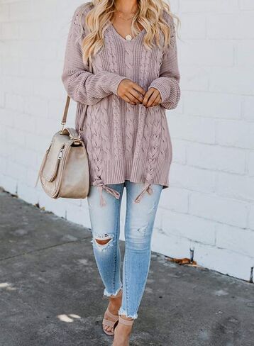 EVALESS Women's Oversized Off Shoulder Cable Knit V Neck Chunky Long Sleeve Sweaters Pullover Loose Fitting Jumper Tops in Saudi Arabia