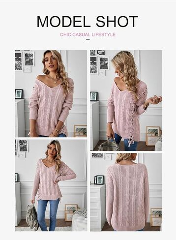EVALESS Women's Oversized Off Shoulder Cable Knit V Neck Chunky Long Sleeve Sweaters Pullover Loose Fitting Jumper Tops in Saudi Arabia