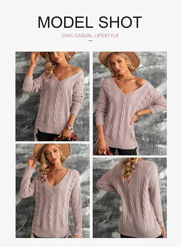 EVALESS Women's Oversized Off Shoulder Cable Knit V Neck Chunky Long Sleeve Sweaters Pullover Loose Fitting Jumper Tops in Saudi Arabia
