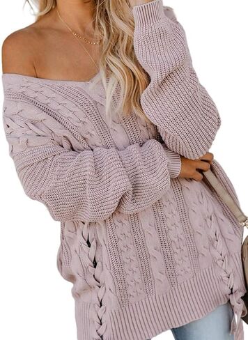 EVALESS Women's Oversized Off Shoulder Cable Knit V Neck Chunky Long Sleeve Sweaters Pullover Loose Fitting Jumper Tops in Saudi Arabia