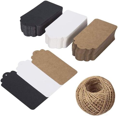 Kraft Gift Paper Tags with 99 ft Natural Jute Twine, 150 Pieces 3 Colors Rectangle Black White Brown Editable Blank Gift Labels for Christmas Gift Bags Party Supplies in Kuwait