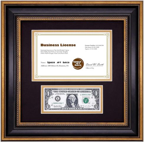 Space Art Deco, 11.5x11.5 Picture Frame with 2 Opening Fits a 5.5x8.5 Business License and A Dollar Bill with Black Over Gold Double Mat, Wall Mounting (Black/Ornate Gold) in Saudi Arabia