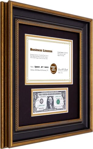 Space Art Deco, 11.5x11.5 Picture Frame with 2 Opening Fits a 5.5x8.5 Business License and A Dollar Bill with Black Over Gold Double Mat, Wall Mounting (Black/Ornate Gold) in Saudi Arabia