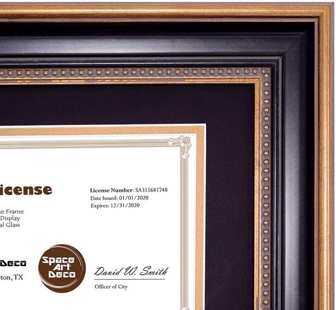Space Art Deco, 11.5x11.5 Picture Frame with 2 Opening Fits a 5.5x8.5 Business License and A Dollar Bill with Black Over Gold Double Mat, Wall Mounting (Black/Ornate Gold) in Saudi Arabia