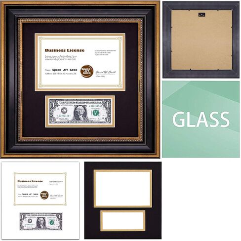 Space Art Deco, 11.5x11.5 Picture Frame with 2 Opening Fits a 5.5x8.5 Business License and A Dollar Bill with Black Over Gold Double Mat, Wall Mounting (Black/Ornate Gold) in Saudi Arabia
