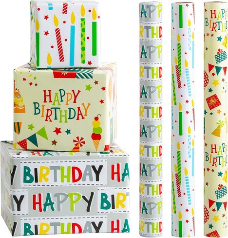 Homeral Birthday Wrapping Paper Roll - Pink with Balloon, Gift Box, Happy Birthday Lettering Cute Birthday Gift Wrap Paper for Birthday, Baby Shower, Party - 3 Rolls: 17 x 120 Inch Per Roll in Saudi Arabia
