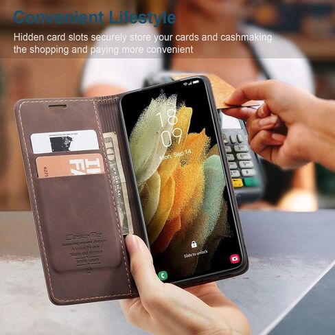 حافظة هاتف خلوي من Kowauri لهاتف Galaxy S21 Ultra، حافظة قابلة للطي من الجلد الصناعي مع فتحة للبطاقة، إغلاق مغناطيسي، مسند (قهوة) in Saudi Arabia