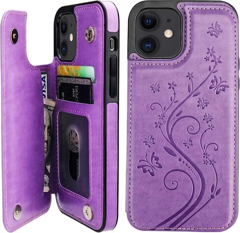 Vaburs Compatible with iPhone 12 and iPhone 12 Pro Case Wallet with Card Holder,Embossed Butterfly Pattern PU Leather Double Magnetic Buttons Flip Shockproof Cover 6.1 Inch(Blue) in Kuwait